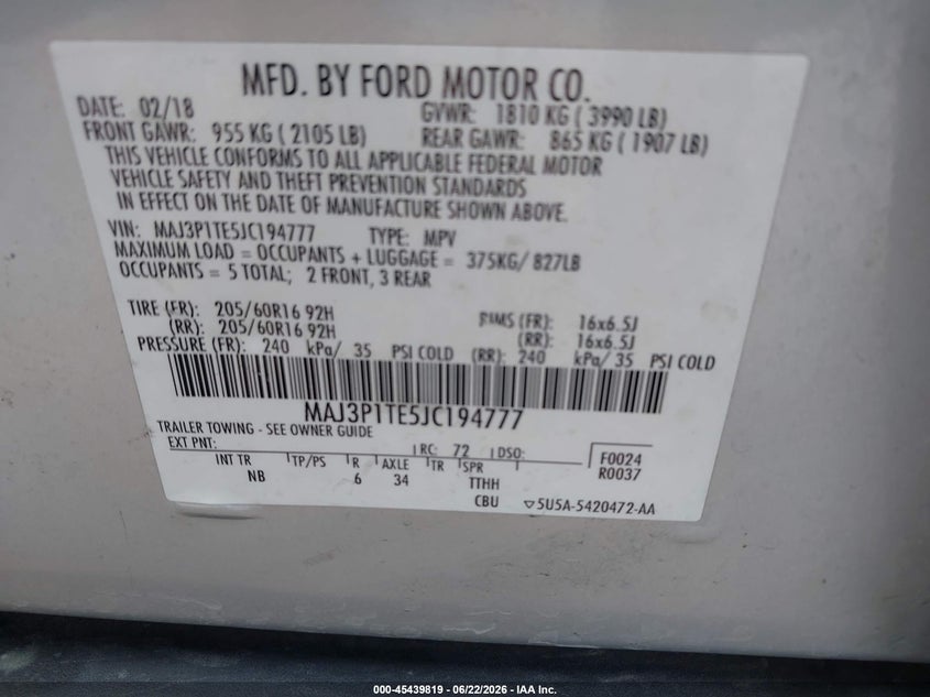2018 Ford Ecosport Se VIN: MAJ3P1TE5JC194777 Lot: 45439819