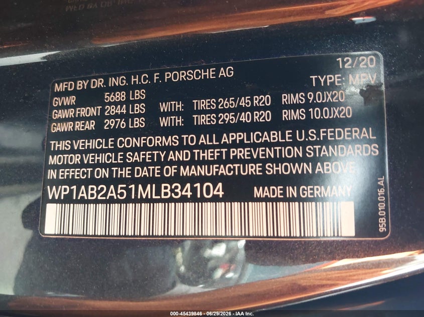 2021 Porsche Macan S VIN: WP1AB2A51MLB34104 Lot: 45439846
