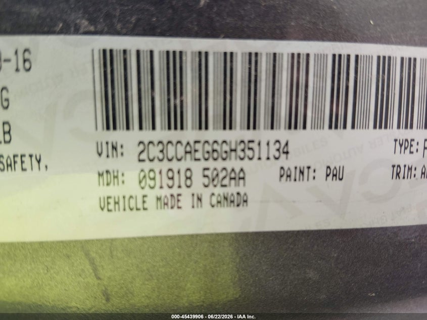 2016 Chrysler 300C VIN: 2C3CCAEG6GH351134 Lot: 45439906