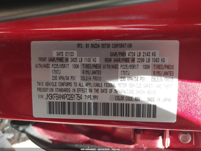 MAZDA CX-5 2023 VIN JM3KFBAM4P0291754