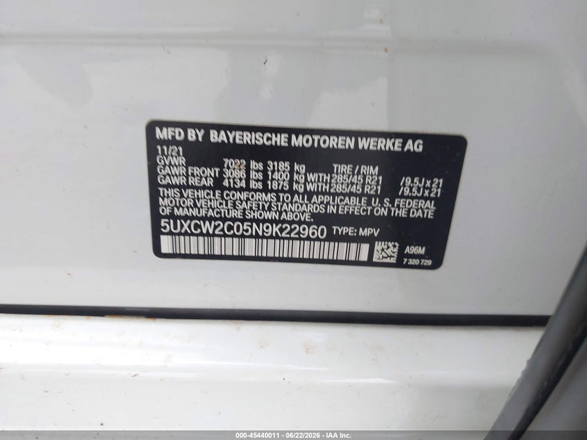 2022 BMW X7 xDrive40I VIN: 5UXCW2C05N9K22960 Lot: 45440011