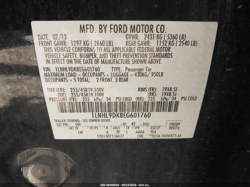 2014 Lincoln Mks VIN: 1LNHL9DK8EG601760 Lot: 45440050