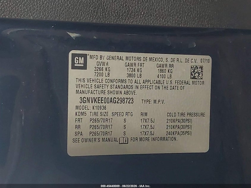 2010 Chevrolet Avalanche 1500 Ls VIN: 3GNVKEE00AG298723 Lot: 45440089