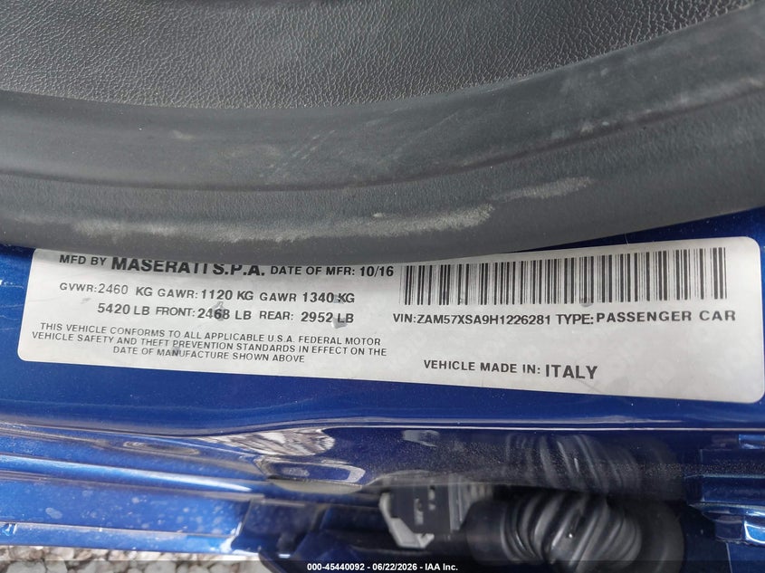 2017 Maserati Ghibli VIN: ZAM57XSA9H1226281 Lot: 45440092