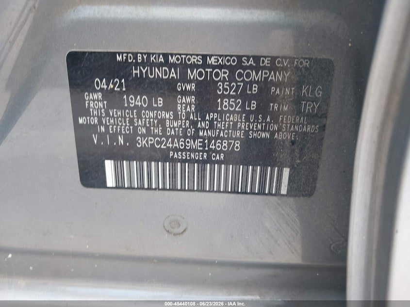 2021 Hyundai Accent Se VIN: 3KPC24A69ME146878 Lot: 45440108