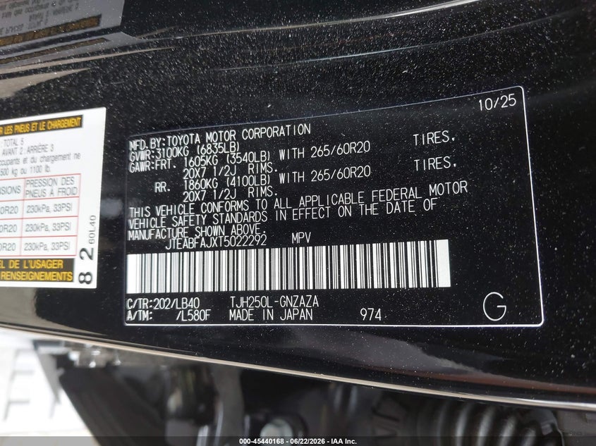 2026 Toyota Land Cruiser VIN: JTEABFAJXT5022292 Lot: 45440168