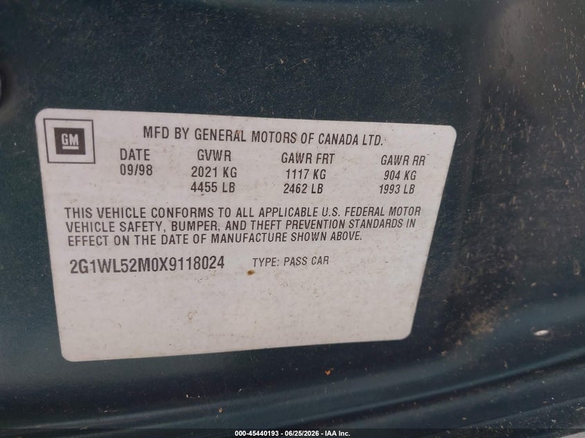 1999 Chevrolet Lumina VIN: 2G1WL52M0X9118024 Lot: 45440193