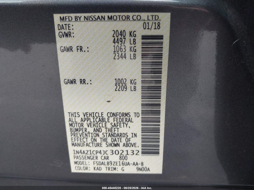 2018 Nissan Leaf S VIN: 1N4AZ1CP4JC302132 Lot: 45440220