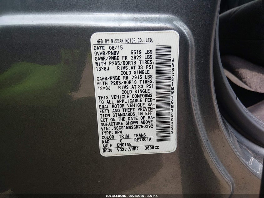 2016 Infiniti Qx70 VIN: JN8CS1MW2GM750292 Lot: 45440295