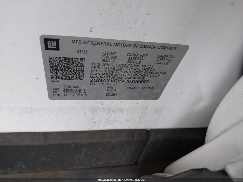 2018 Chevrolet Equinox Premier VIN: 2GNAXVEVXJ6269687 Lot: 45440306