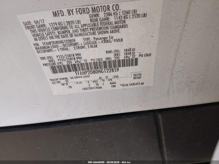 2017 Ford Taurus Se VIN: 1FAHP2D80HG122859 Lot: 45440369