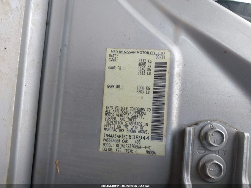 2011 Nissan Maxima 3.5 Sv VIN: 1N4AA5AP1BC838944 Lot: 45440411