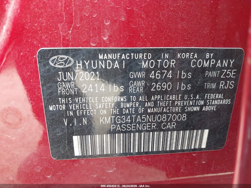 2022 Genesis G70 2.0T Rwd VIN: KMTG34TA5NU087008 Lot: 45440415