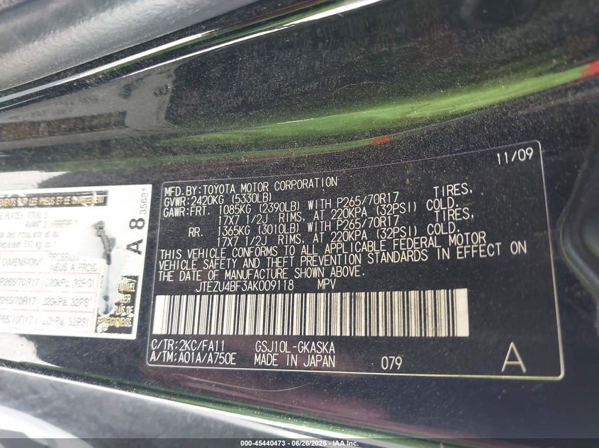 2010 Toyota Fj Cruiser VIN: JTEZU4BF3AK009118 Lot: 45440473