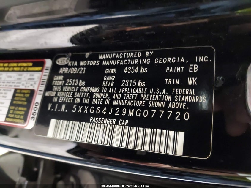 KIA K5 2021 VIN 5XXG64J29MG077720
