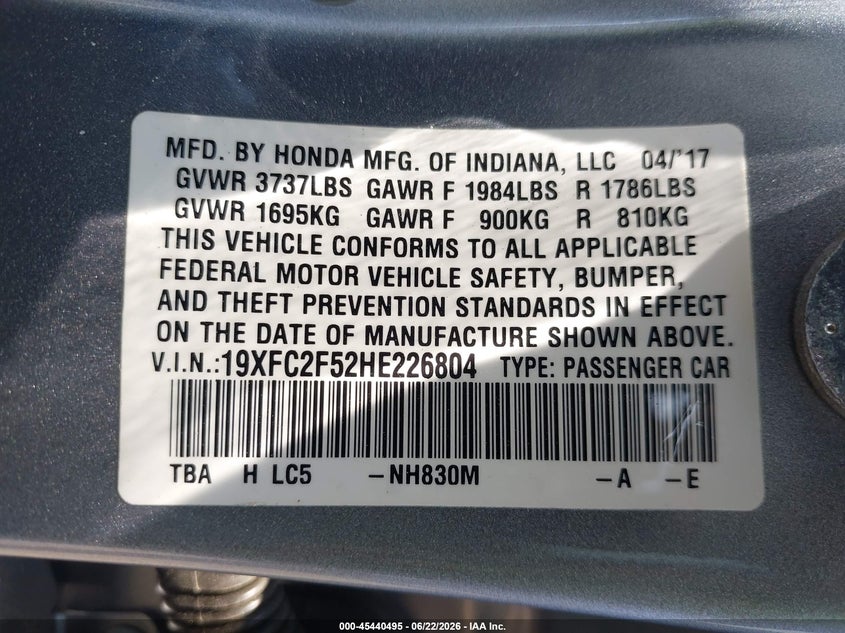 VIN 19XFC2F52HE226804 2017 HONDA CIVIC LX