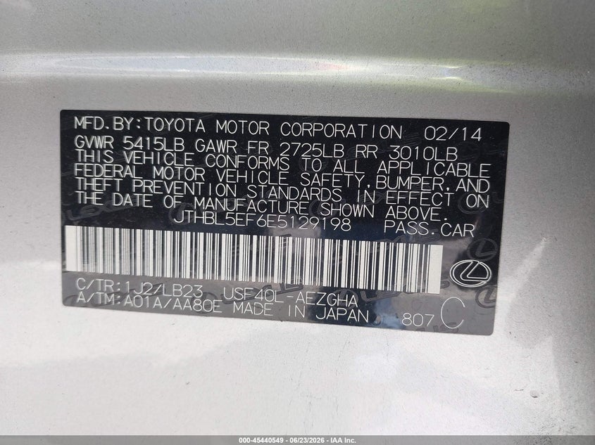 2014 Lexus Ls 460 VIN: JTHBL5EF6E5129198 Lot: 45440549