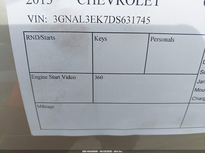 2013 Chevrolet Captiva Sport Fleet Lt VIN: 3GNAL3EK7DS631745 Lot: 45440586