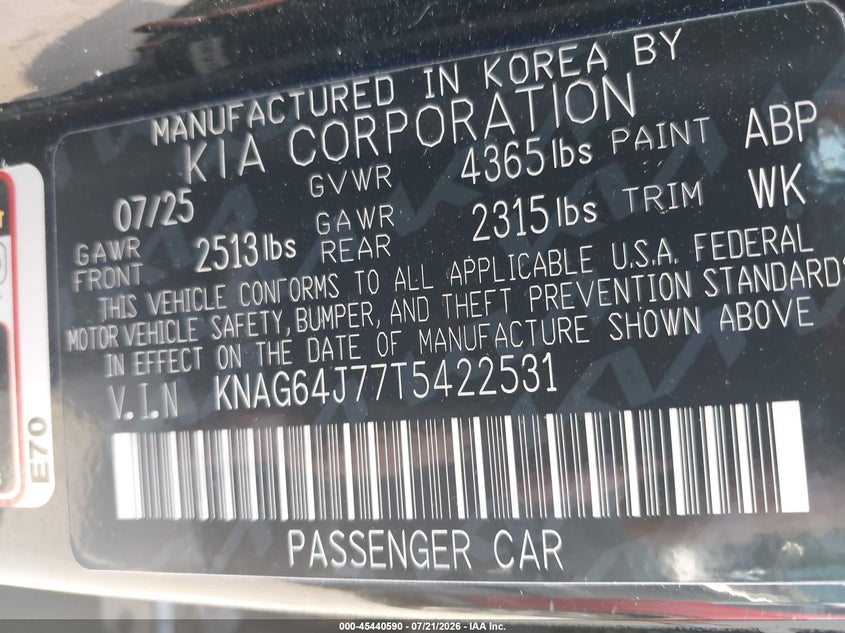 2026 Kia K5 Gt-Line Fwd VIN: KNAG64J77T5422531 Lot: 45440590