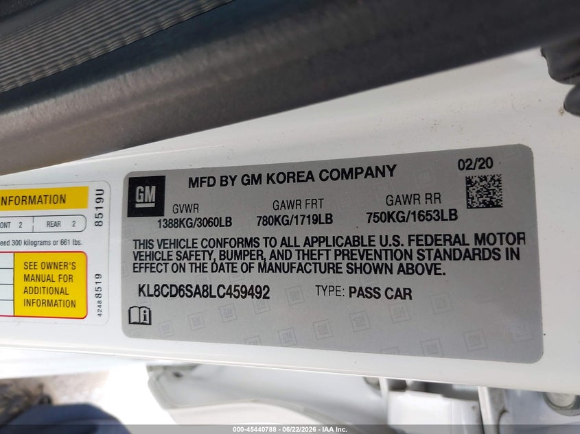 2020 Chevrolet Spark Fwd 1Lt Automatic VIN: KL8CD6SA8LC459492 Lot: 45440788