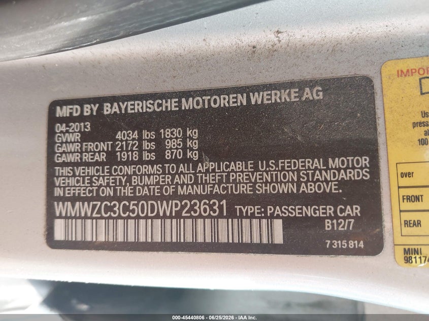 2013 Mini Countryman Cooper S VIN: WMWZC3C50DWP23631 Lot: 45440806
