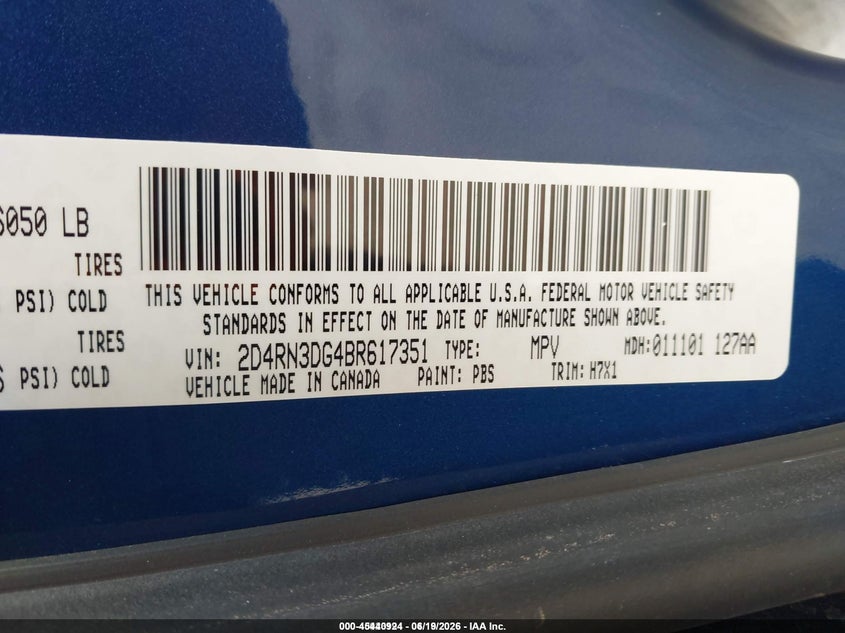DODGE GRAND CARAVAN 2011 VIN 2D4RN3DG4BR617351
