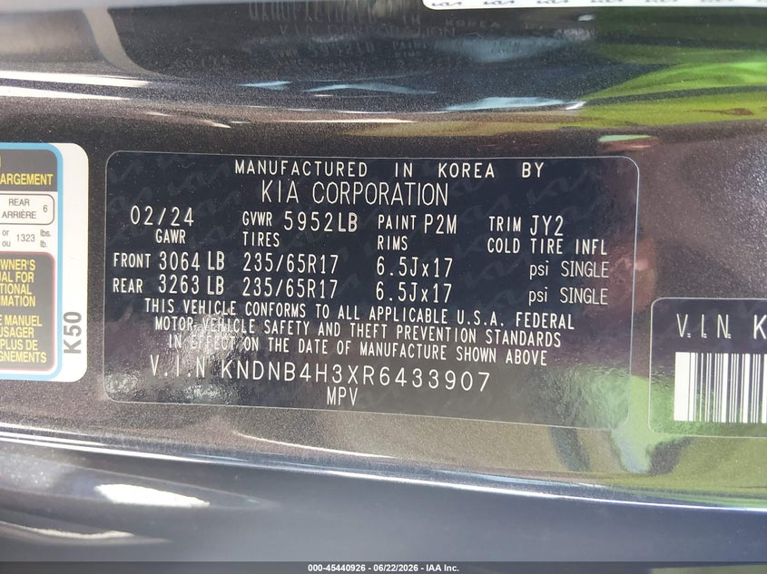 2024 Kia Carnival Mpv Lx Seat Package VIN: KNDNB4H3XR6433907 Lot: 45440926