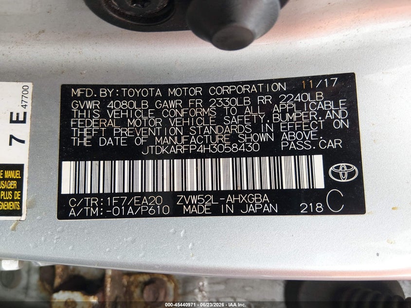 2017 TOYOTA PRIUS HATCHBACK 1.8L I-4 DOHC, VVT, 95HP