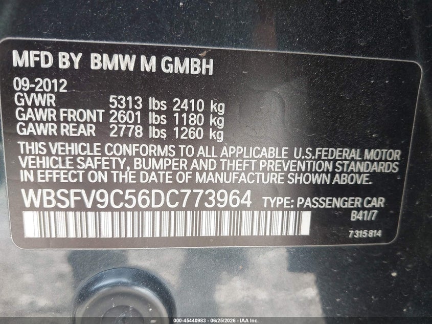 2013 BMW M5 VIN: WBSFV9C56DC773964 Lot: 45440983