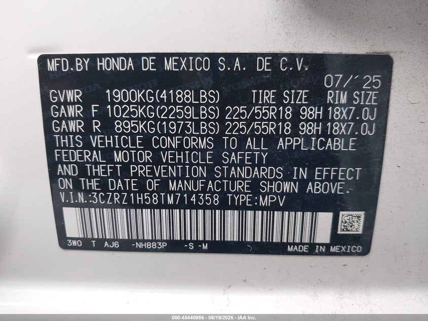 2026 Honda Hr-V 2Wd Sport VIN: 3CZRZ1H58TM714358 Lot: 45440986