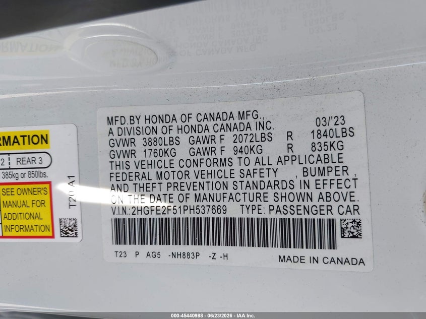 2023 HONDA CIVIC SEDAN 2.0L I-4 DI, DOHC, VVT, 158HP