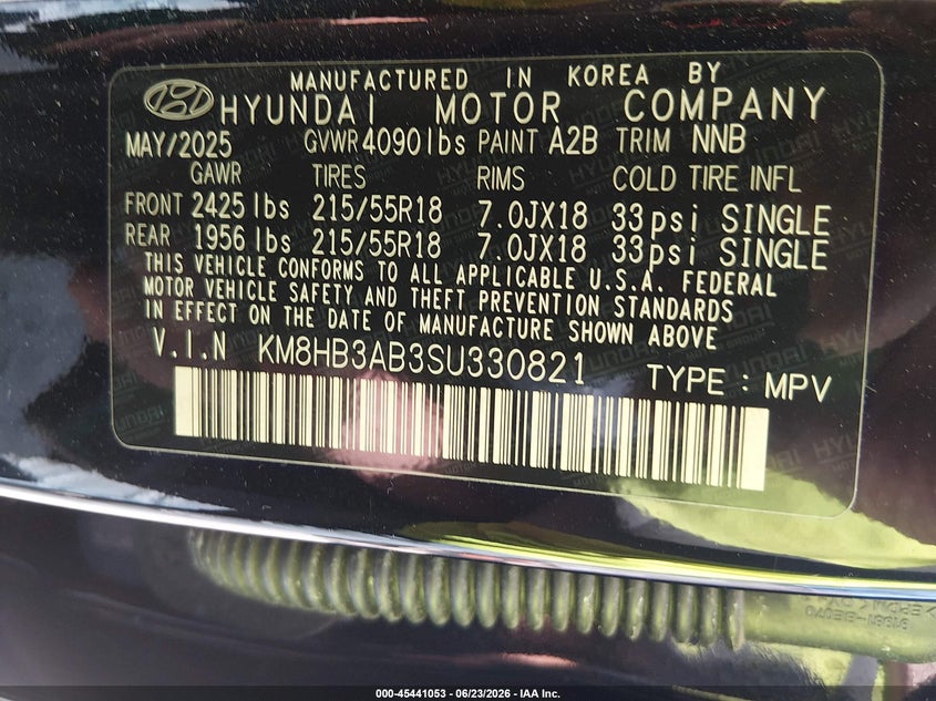 2025 Hyundai Kona Sel VIN: KM8HB3AB3SU330821 Lot: 45441053