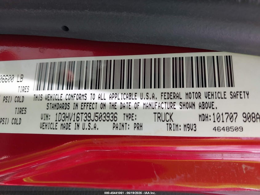 2009 Dodge Ram 1500 Slt/Trx VIN: 1D3HV16T39J503936 Lot: 45441061