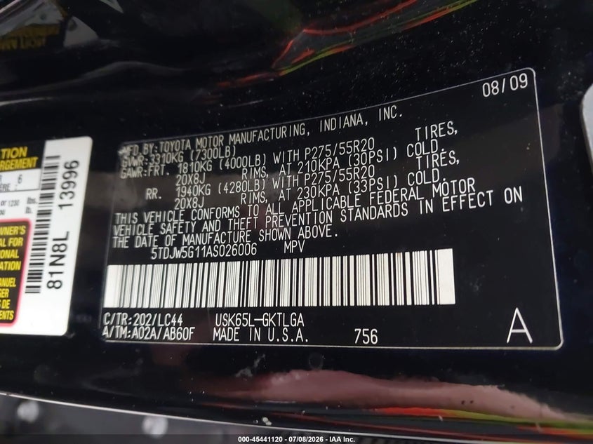 2010 Toyota Sequoia Limited 5.7L V8 VIN: 5TDJW5G11AS026006 Lot: 45441120