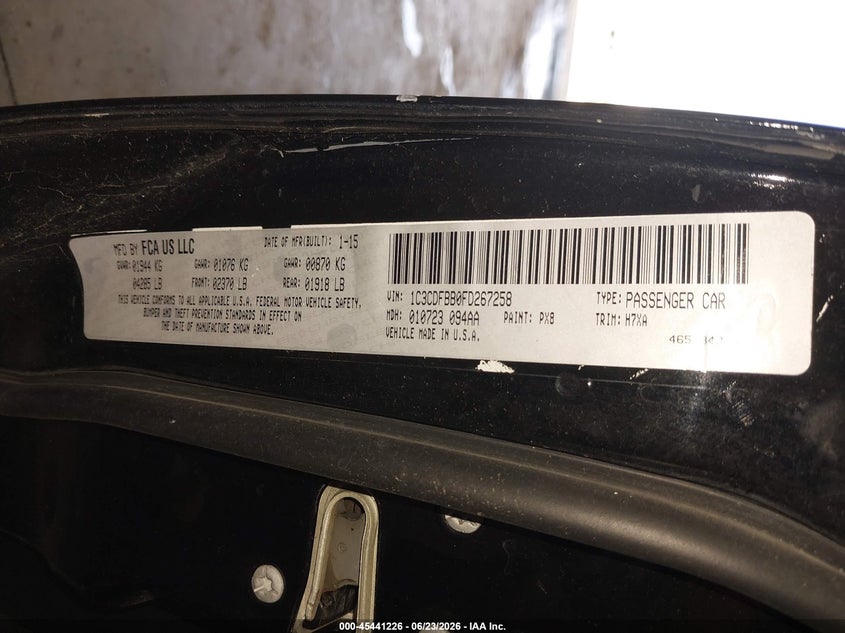 2015 Dodge Dart Sxt VIN: 1C3CDFBB0FD267258 Lot: 45441226