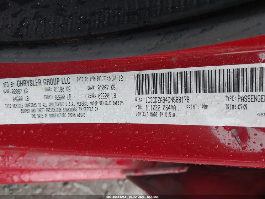 2013 Dodge Avenger Se VIN: 1C3CDZAB4DN588178 Lot: 45441244