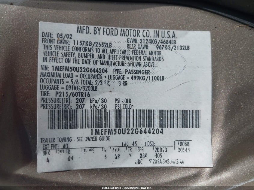2002 Mercury Sable Gs VIN: 1MEFM50U22G644204 Lot: 45441263