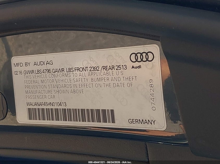 2017 Audi A4 Premium VIN: WAUANAF45HN010413 Lot: 45441321