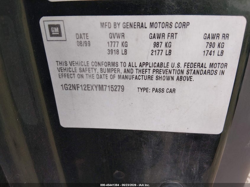 2000 Pontiac Grand Am Se1 VIN: 1G2NF12EXYM715279 Lot: 45441384