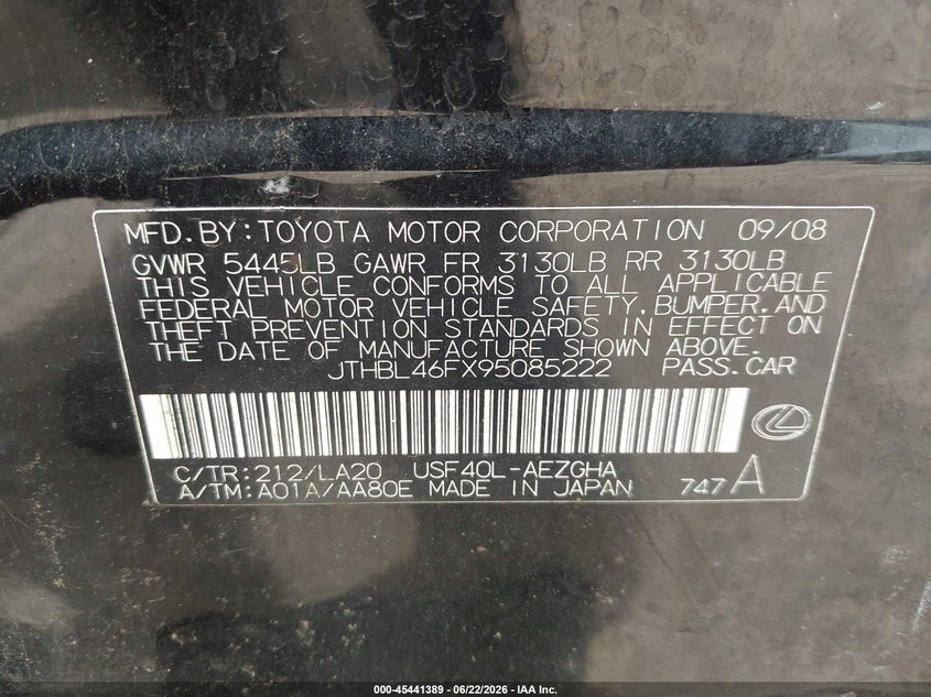 2009 Lexus Ls 460 VIN: JTHBL46FX95085222 Lot: 45441389