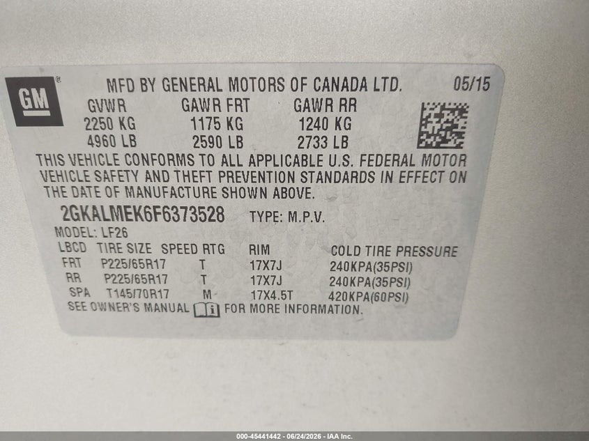 2015 GMC Terrain Sle-1 VIN: 2GKALMEK6F6373528 Lot: 45441442