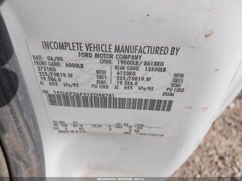 2000 Ford F-550 Lariat/Xl/Xlt VIN: 1FDAF56F5YED98781 Lot: 45441474