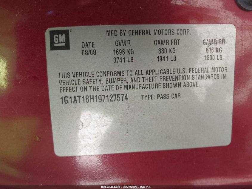 2009 Chevrolet Cobalt Lt VIN: 1G1AT18H197127574 Lot: 45441489