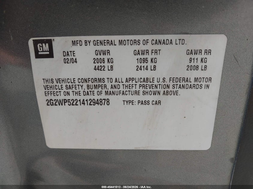 2004 Pontiac Grand Prix Gt1 VIN: 2G2WP522141294878 Lot: 45441513