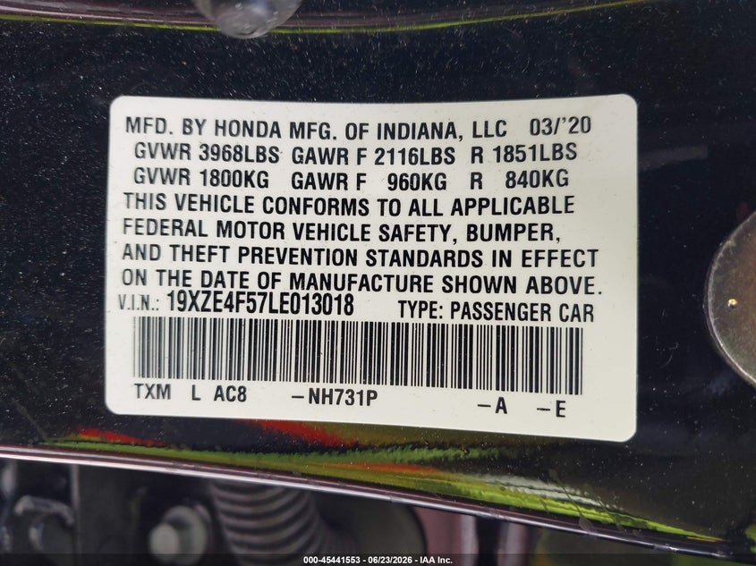 2020 Honda Insight Ex VIN: 19XZE4F57LE013018 Lot: 45441553