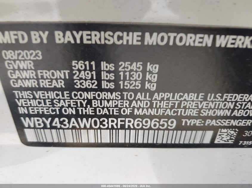 2024 BMW I4 Gran Coupe Edrive35 VIN: WBY43AW03RFR69659 Lot: 45441596