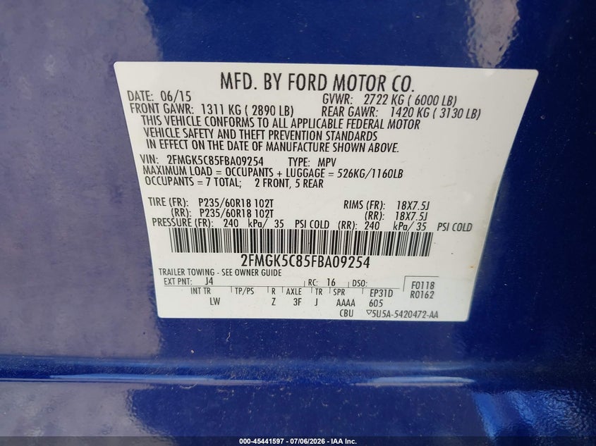 2015 Ford Flex Sel VIN: 2FMGK5C85FBA09254 Lot: 45441597