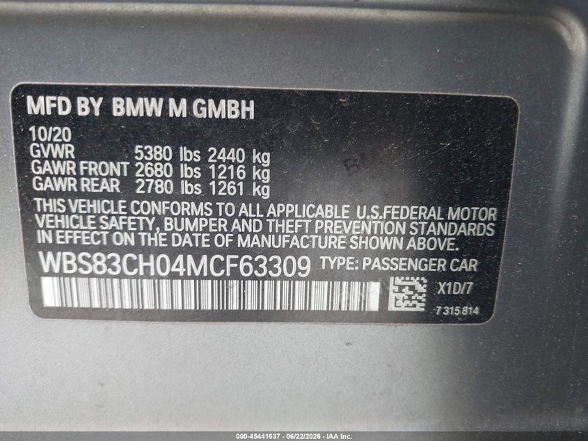 2021 BMW M5 VIN: WBS83CH04MCF63309 Lot: 45441637