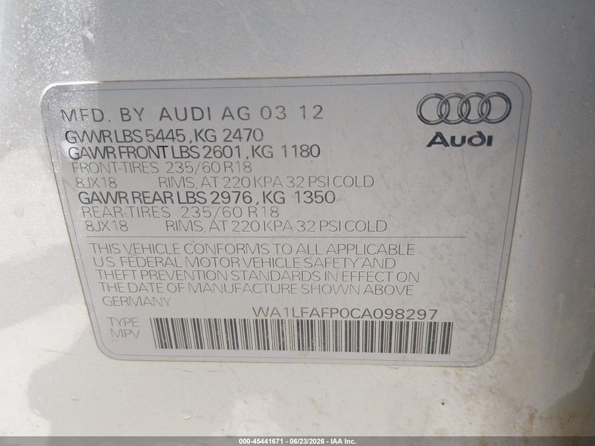 2012 Audi Q5 2.0T Premium VIN: WA1LFAFP0CA098297 Lot: 45441671