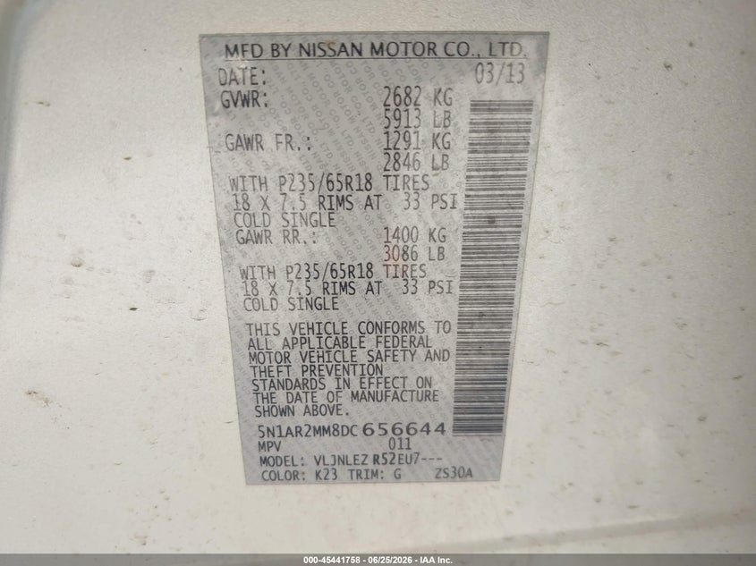 NISSAN PATHFINDER 2013 VIN 5N1AR2MM8DC656644